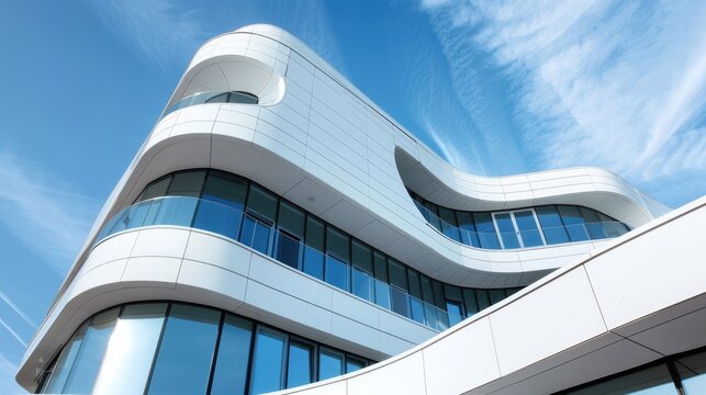 A contemporary urban environment with abstract white buildings and clear blue skies, evoking a sense of modernity and sophistication in architectural design.