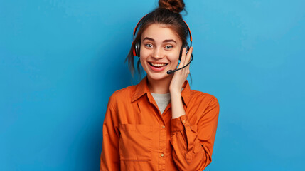 Cheerful young woman with headset smiling, representing customer service and support against a blue background.