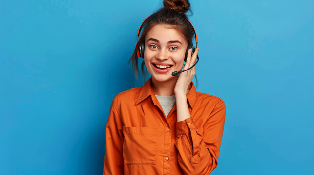 Cheerful young woman with headset smiling, representing customer service and support against a blue background.