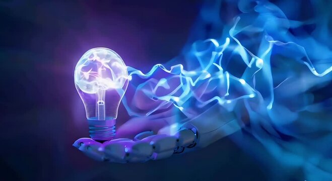 artificial intelligence concept, hands of robot hold digital glow Light bulb with brain inside, future data, blue background, waves are flow, generative ai 