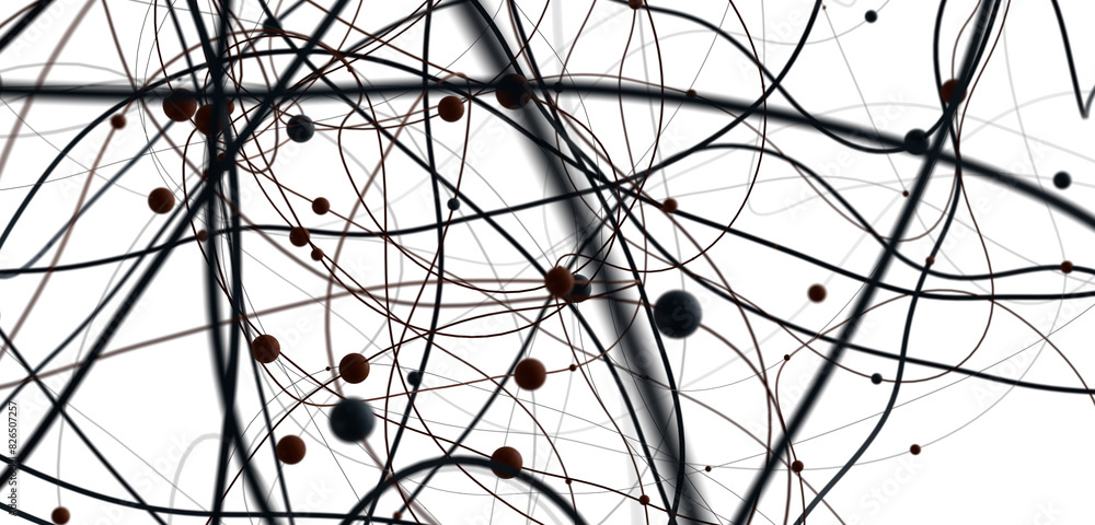 Poster Big data visualization. Network connection structure with chaotic distribution of points and lines. 3D rendering.