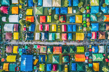 Aerial View of Music Festival with Colorful Tents and Stages
