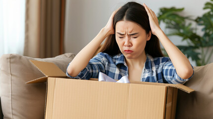 Frustrated woman sitting on sofa with hands on head, looking at an open cardboard box, indicating disappointment with received package.
