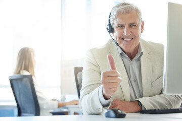 Thumbs up, call center and mature man with portrait for communication, customer service or CRM....