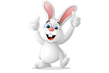 Obraz premium Happy cartoon Easter bunny giving thumbs up on white background for World Smile Day celebration.