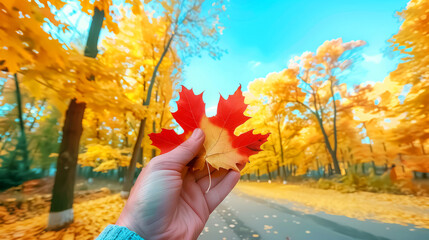 Hand holding a vibrant red maple leaf with a backdrop of golden autumn trees and clear blue sky.