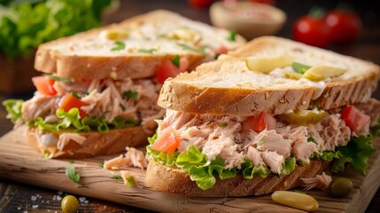 Tuna sandwich with lettuce and tomato on whole grain bread placed on a wooden board with blurred background