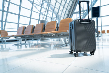 Suitcases in airport departure lounge and empty passenger chairs.Travel concept with hand luggage...