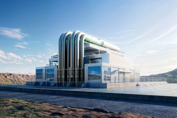 A futuristic industrial building with pipes and tubes in a remote mountain landscape. Possible uses include industrial facilities, oil refineries, chemical plants, and energy production.