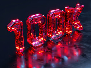 3D extruded text "100K" made of red glowing glass, on a black background, in a high resolution render.