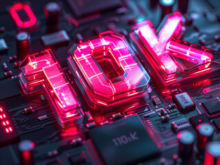The word "10K" is written in glowing red letters on the top of an advanced circuit board, in the style of hightech, 3D rendering