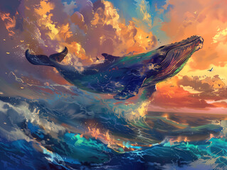 A majestic whale gracefully gliding through the waves, its body adorned with vibrant colors and intricate patterns that shimmer in the sunlight. Fantasy, Digital art