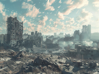 A post-apocalyptic cityscape, rendered with destroyed buildings and vehicles scattered across an overgrown wasteland. The sky is filled with volumetric clouds
