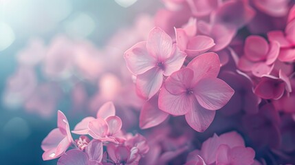 Fototapeta premium Pink hydrangea flowers with a blurred background viewed from up close