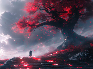 Concept art of a red tree with light and shadow, a fantasy landscape, a man in black walking on stairs made from glowing petals in the style of Fantasy illustration