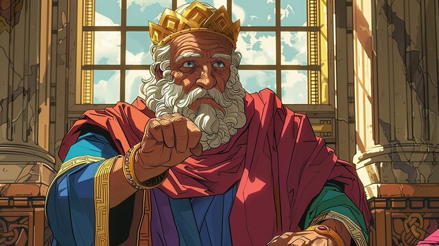 Delve into the vibrant cartoon scene depicting King Solomon's quest for divine wisdom and his wise ruling in the famous case of the two women, embodying justice, sagacity, and the essence of wise lead