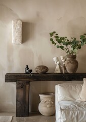 Photos of Wabisabi style interior design details, warm and pastel tones with large wooden furniture. On the pale beige walls hung a modern niche made of white marble and above it an old dark wooden ta