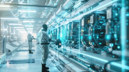 Obraz premium An electric vehicle battery unit in a modern industrial factory. EV trends. Production factory.