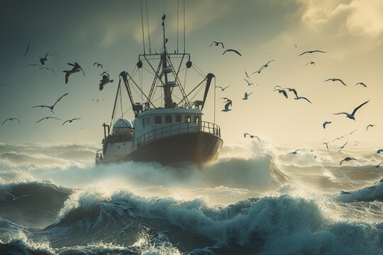 The impact of weather on fishing, Figure in red, Seabirds accompany a fishing trawler riding massive waves, sun piercing through clouds, creating a scene of wild, natural drama.