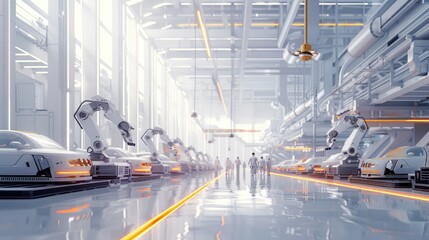 Naklejka premium An electric vehicle battery unit in a modern industrial factory. EV trends. Production factory.