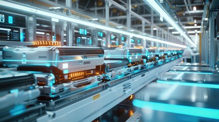 Fototapeta premium An electric vehicle battery unit in a modern industrial factory. EV trends. Production factory.