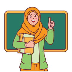 Cartoon of a female teacher in a hijab carrying a book, and a blackboard behind her