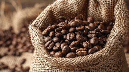 Fototapeta premium Coffee beans overflowing from a sack made of burlap Zoomed in