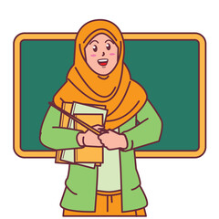 Cartoon of a female teacher in a hijab carrying a book, and a blackboard behind her
