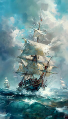 A majestic tall ship sails through the rough seas. The ship is surrounded by large crashing waves and stormy skies. The ship is in full sail, with the wind blowing the sails out.