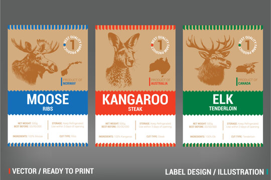 Moose, Kangaroo and Elk Game Meat Packaging Label vector design set. Including hand drawn rustic illustration on craft paper pack. Badge with county of produce and type of meat cuts