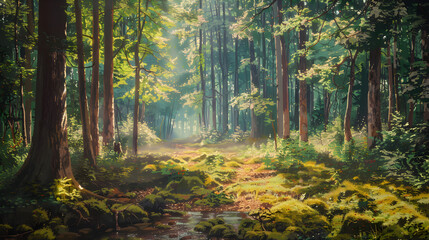 Majestic Forest Landscape Painted with Fine Brushstrokes under a Clear Blue Sky