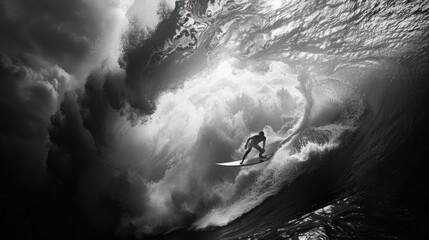 Surfer carving through a powerful wave, droplets of water spraying in the air, capturing the intensity and excitement of a summer surfing session