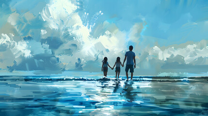 Family holding hands and wading through ocean water