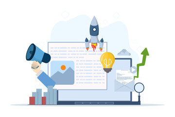 Digital marketing concept for banner design. Advertising campaigns and online promotions in mobile applications, advertising content in social networks. Flat vector illustration on white background.