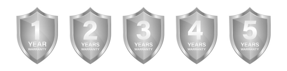 Set of Warranty Sign. 1,2,3,4,5 Years Warranty. Vector Illustration Isolated on White Background. 