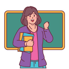 cartoon female teacher carrying books, and blackboard behind