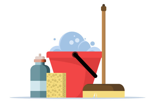 recommend clip art: Cleaning equipment concept, water bucket icon, flat cartoon pail or pail with foam and bubbles, brush, foam sponge and soap, flat vector illustration isolated on background.
