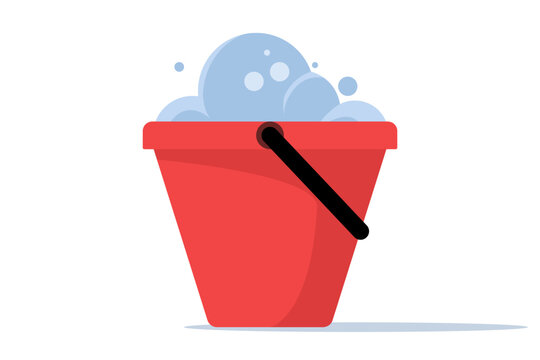 recommend clip art: Cleaning equipment concept, water bucket icon, flat cartoon pail or pail with foam and bubbles, brush, foam sponge and soap, flat vector illustration isolated on background.