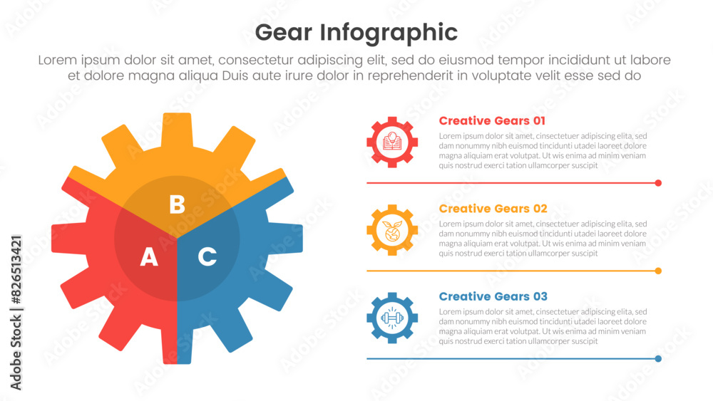Poster gear cogwheel infographic template banner with big shape slice separation and line bottom descriptio