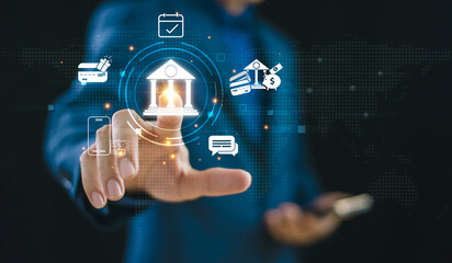 Businessman use mobile banking, digital marketing. Online shopping, cyber security. Bank account digital icon, online money loan concept. Payment technology business insurance and financial solution