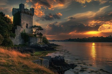 Castle. Blackrock Castle at Sunset in Cork, Ireland - Medieval Landmark