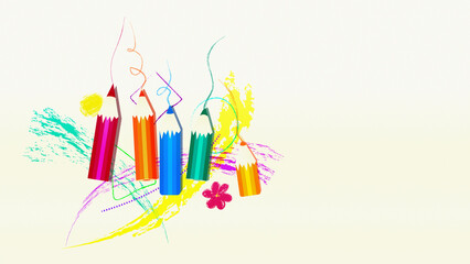 Bright background with colored pencils, doodle strokes