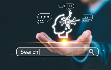 SEO, Search Engine Optimization concept. Businessman search with Ai assistant, search job on virtual screen, search engine optimization. Artificial Intelligence data technology for digital marketing