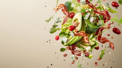 Elegant Advertising Banner Showcasing Luxurious Ingredients of a Cobb Salad with Crispy Bacon, Ripe Avocados, and Creamy Blue Cheese Floating on Beige Background