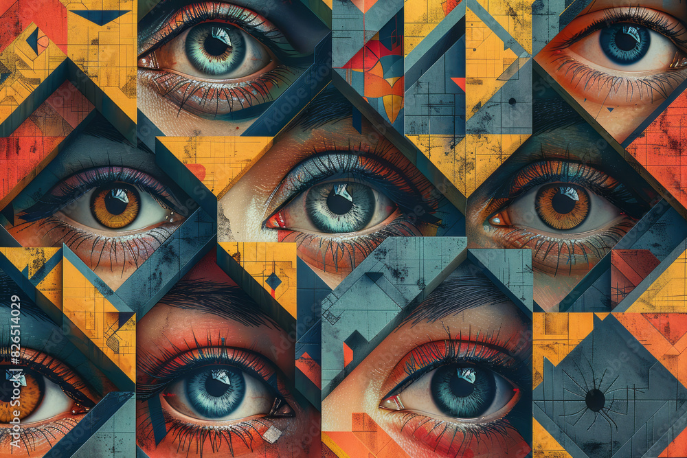 Poster abstract isometric cubes with integrated large eye symbols, creating a seamless pattern,