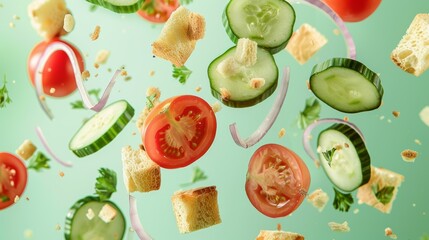 Floating Ingredients for Panzanella Salad - Fresh Vegetables and Croutons in Mid-Air - Perfect for Design, Print, Card, Poster