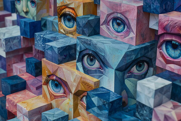 Obraz premium Abstract isometric cubes with integrated large eye symbols, creating a seamless pattern,