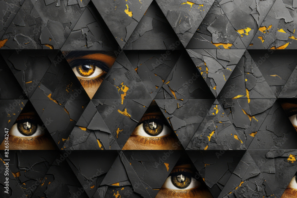 Fototapete Isometric repeating pattern of pyramids with embedded eye symbols,