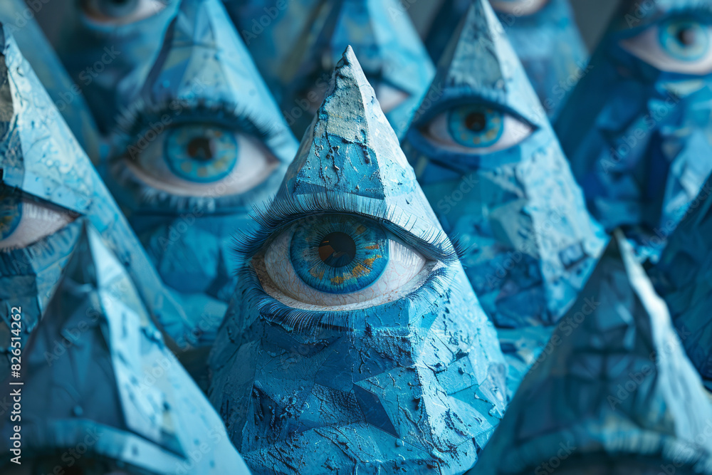 Poster isometric repeating pattern of pyramids with embedded eye symbols,