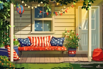 Experience a cozy outdoor lounge area adorned with American flag cushions, enchanting fairy lights, and delightful patriotic decorations.